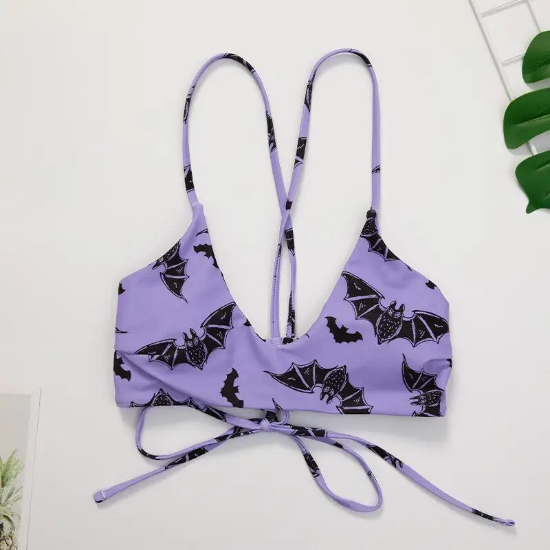 Backless Purple Bikini with Bat Print and Lace Up Design