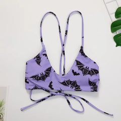 Backless Purple Bikini with Bat Print and Lace Up Design