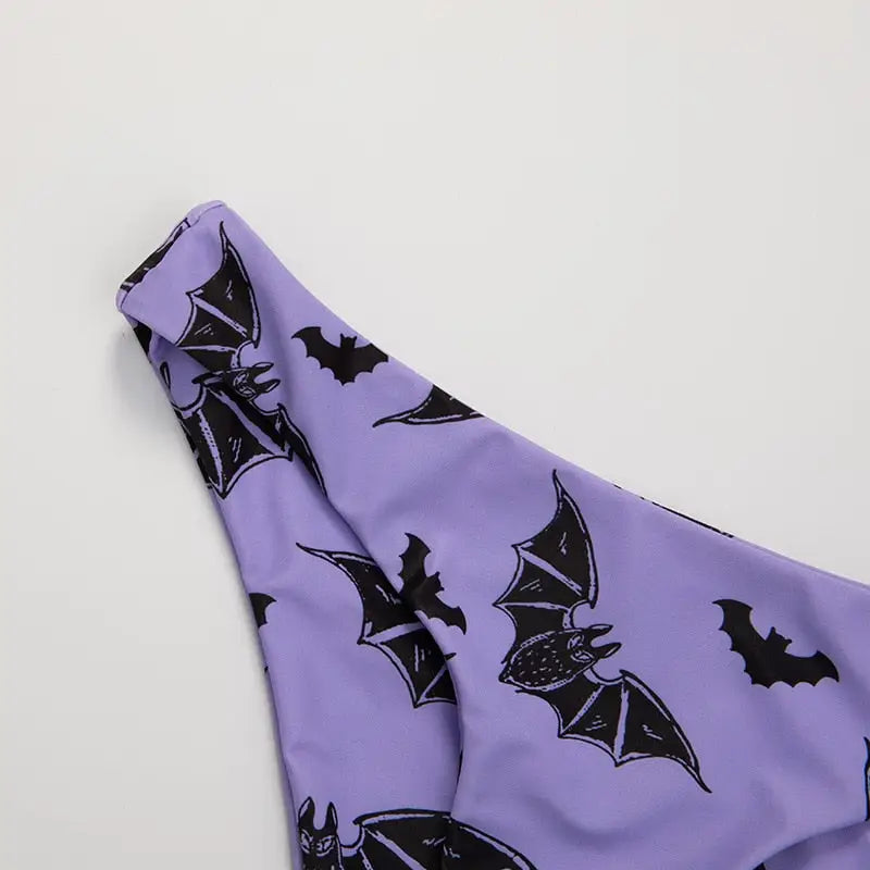 Backless Purple Bikini with Bat Print and Lace Up Design