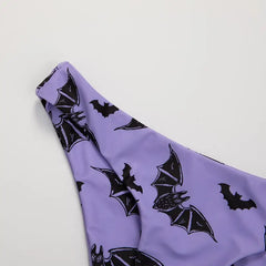 Backless Purple Bikini with Bat Print and Lace Up Design