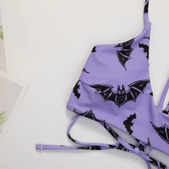 Backless Purple Bikini with Bat Print and Lace Up Design
