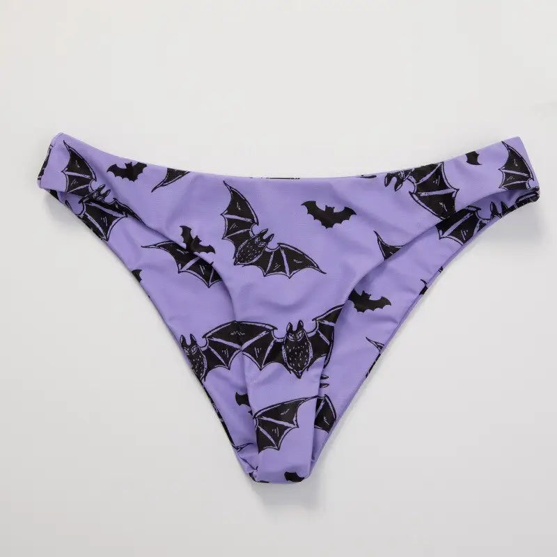 Backless Purple Bikini with Bat Print and Lace Up Design
