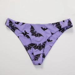 Backless Purple Bikini with Bat Print and Lace Up Design