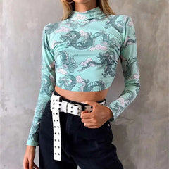 Backless Tie Up Turtle Neck Long Sleeve Crop-Top - Green