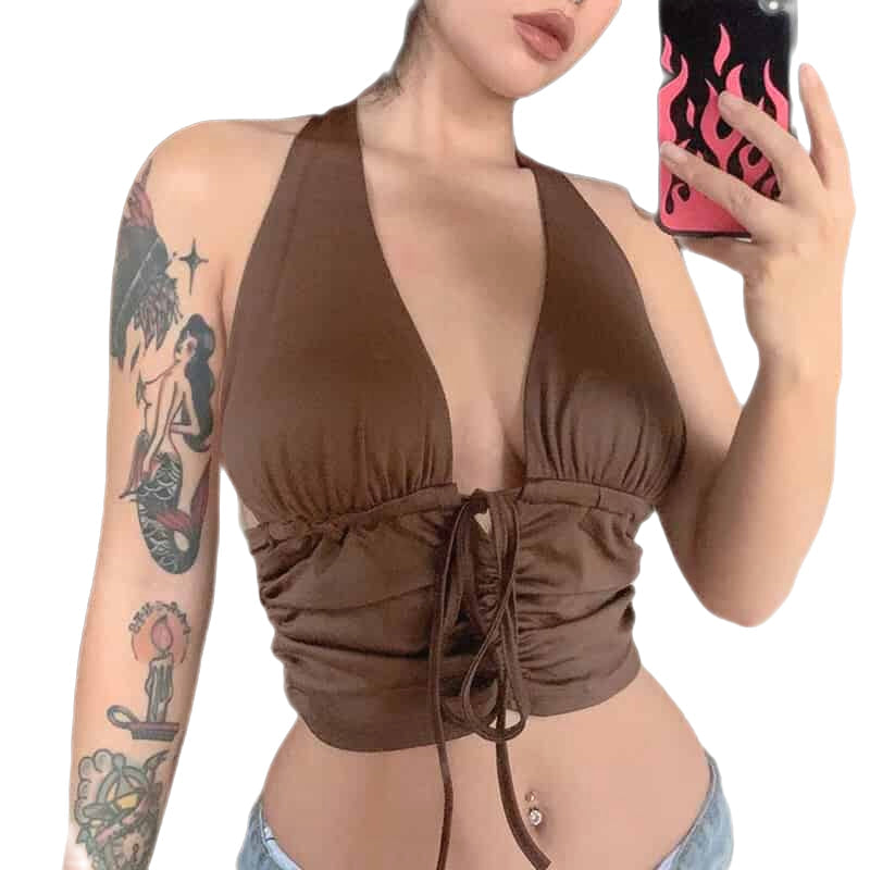 Backless Y2K Crop Tank Top for Women Brown / S