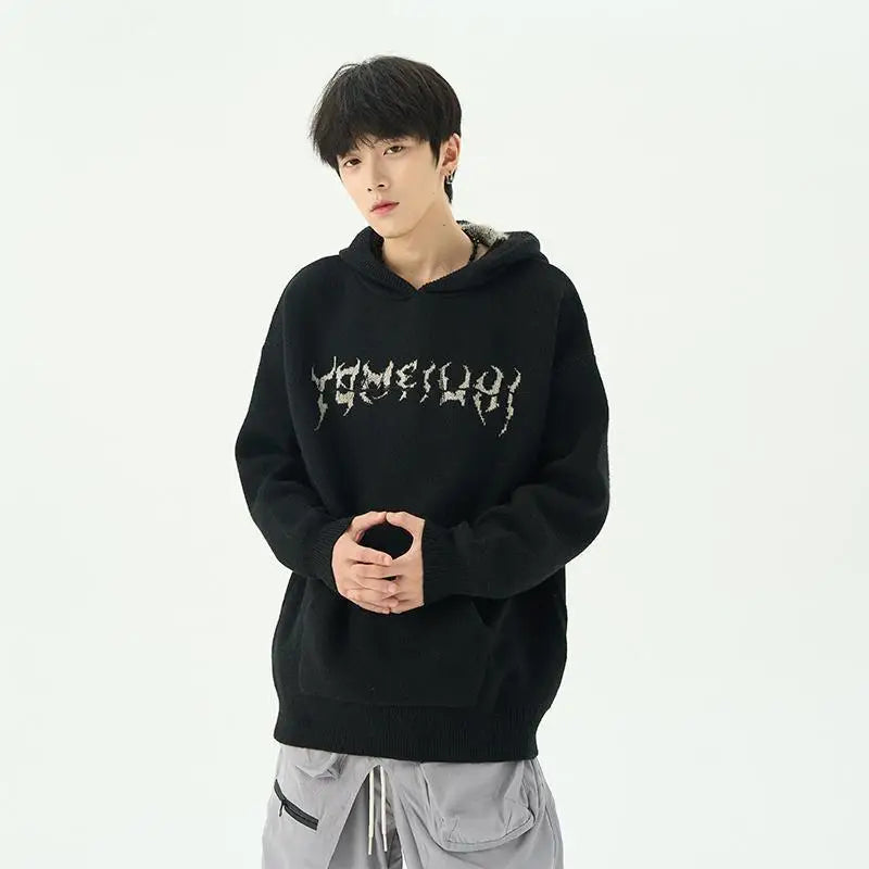 Baggy Knit Hooded Sweater - Black / M