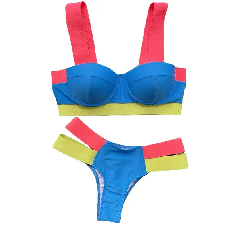 Bandage Bikini Push Up Swimwear - Blue Red Yellow / S