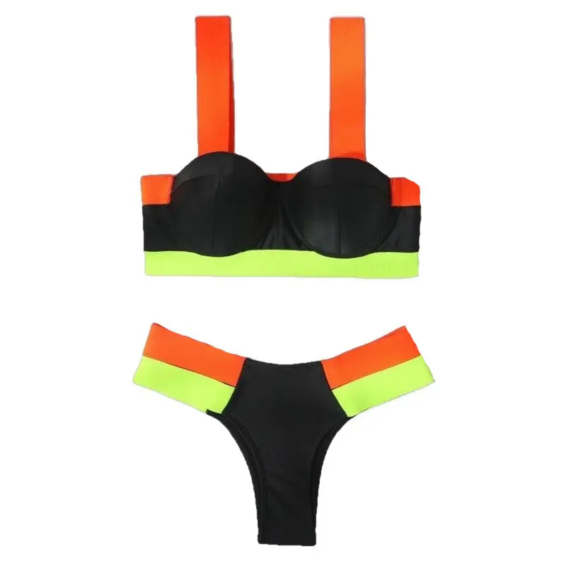 Bandage Bikini Push Up Swimwear - Orange Black Green / S