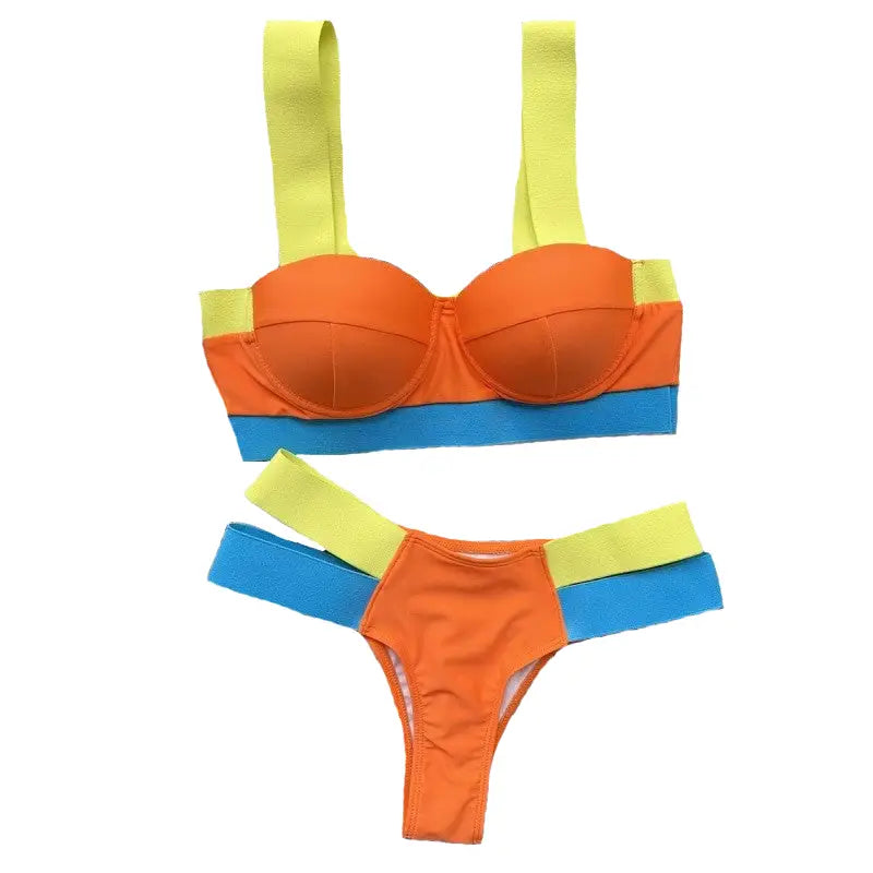 Bandage Bikini Push Up Swimwear - Orange Yellow Blue / S