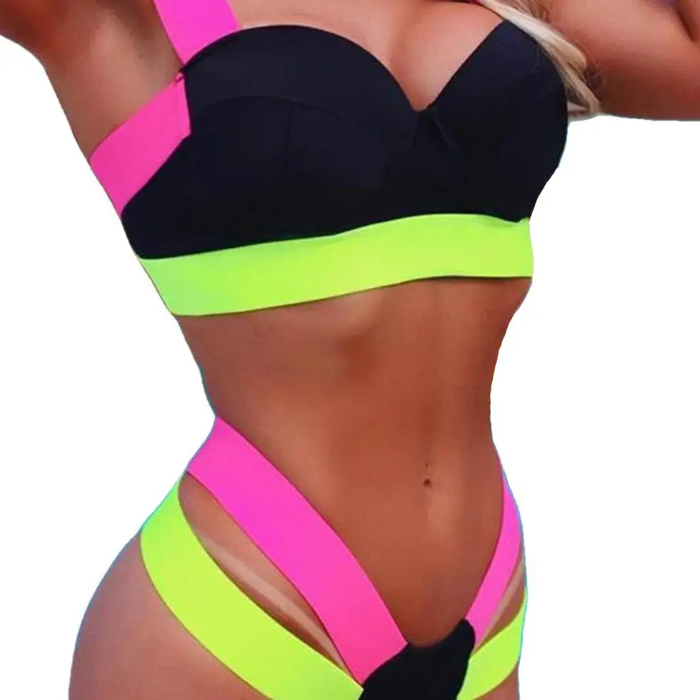 Bandage Bikini Push Up Swimwear - Pink Green Black / S
