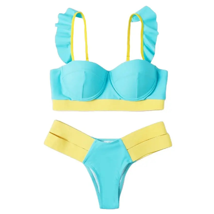 Bandage Bikini Push Up Swimwear - Yellow Blue / S