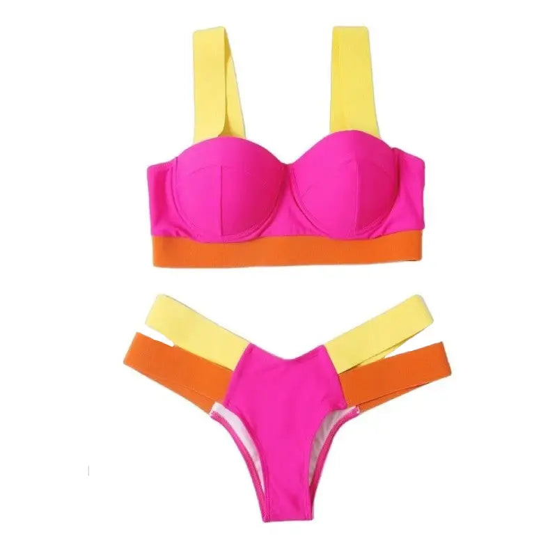 Bandage Bikini Push Up Swimwear - Yellow Pink Orange / S