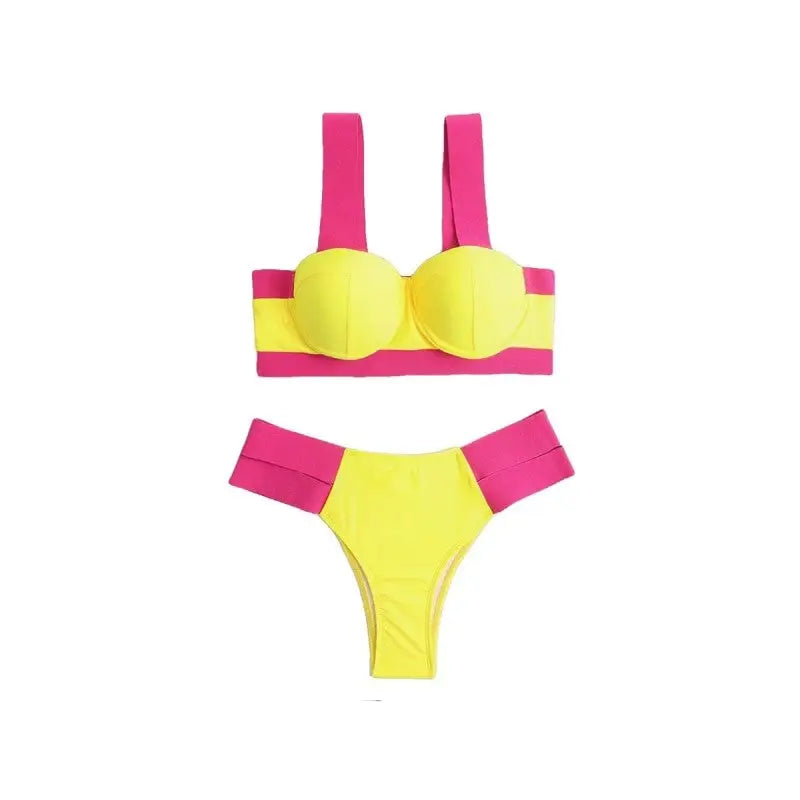 Bandage Bikini Push Up Swimwear - Yellow Pink / S