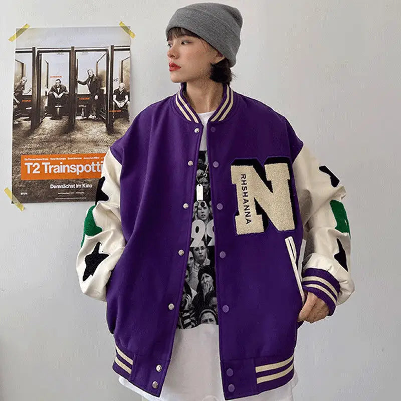 Baseball loose BF embroidery Jacket - Purple / M