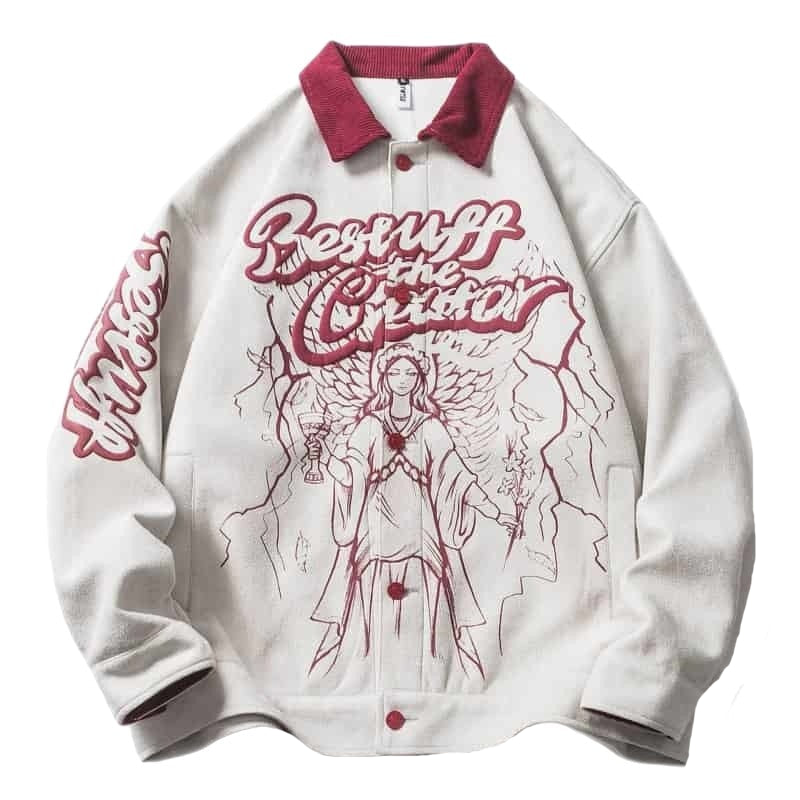 Baseball Patch Long Sleeve Button Up Jacket - White Red / M