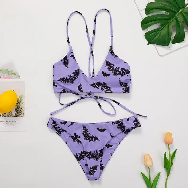 Bat in Lace-Up Backless Purple Bikini