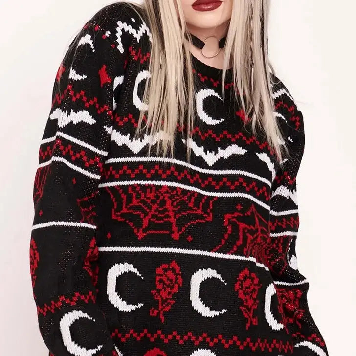 Bats Moons and Skulls Oversize Knitted Sweater - One Size