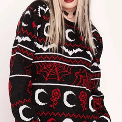Bats Moons and Skulls Oversize Knitted Sweater - One Size