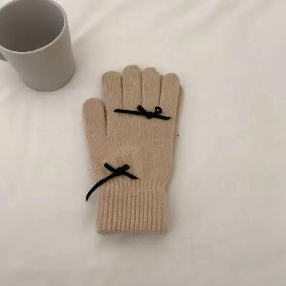 Beanie Hat Gloves Set Bow Detail - Beige - 2 Piece