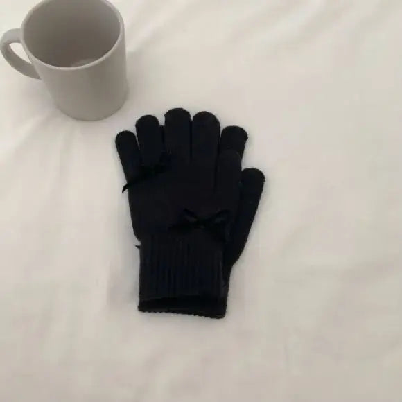 Beanie Hat Gloves Set Bow Detail - Black - 2 Piece