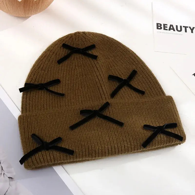 Beanie Hat Gloves Set Bow Detail - Brown - 2 Piece