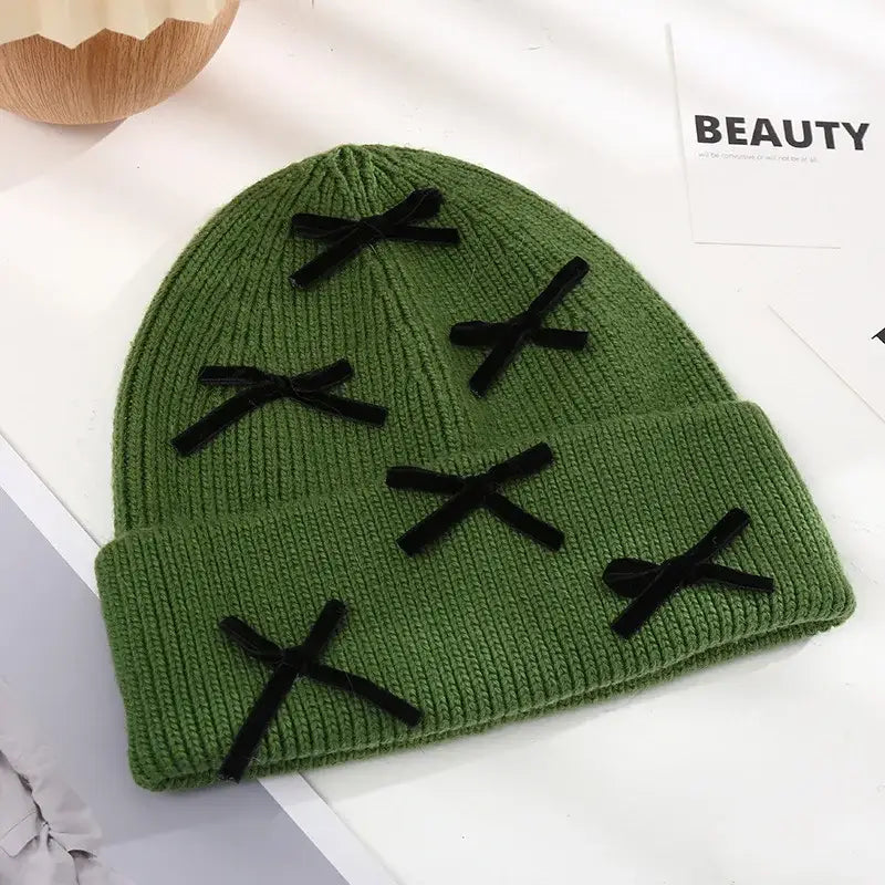 Beanie Hat Gloves Set Bow Detail - Dark Green - 2 Piece