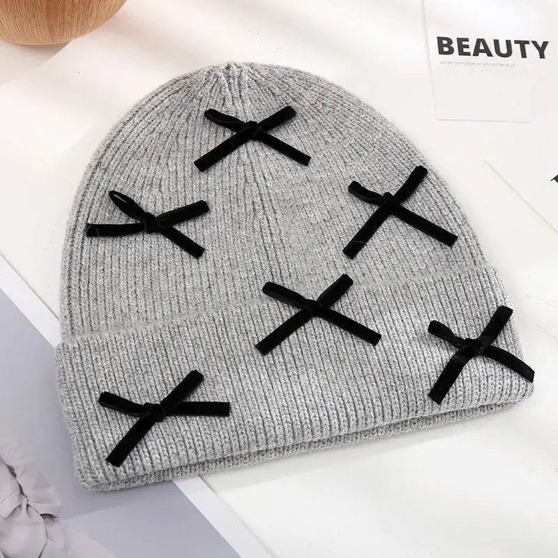 Beanie Hat Gloves Set Bow Detail - Gray - 2 Piece