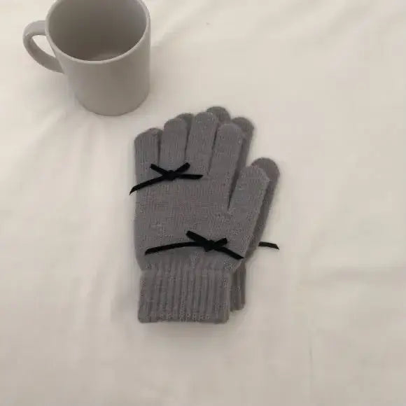 Beanie Hat Gloves Set Bow Detail - Gray - 2 Piece
