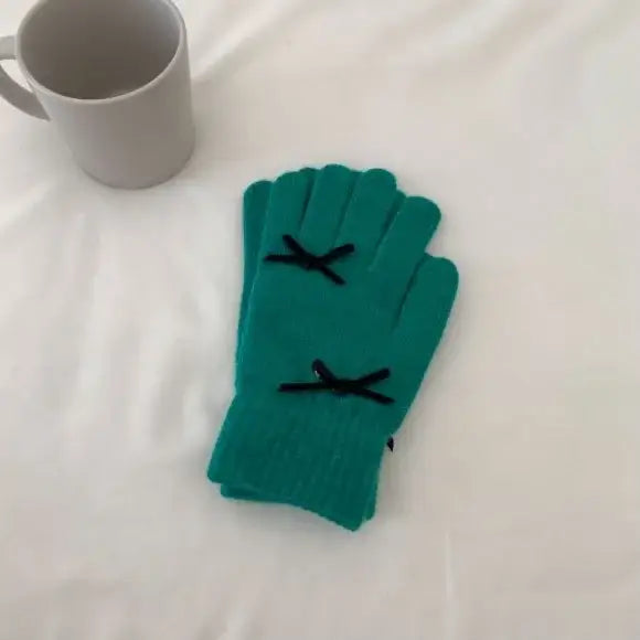Beanie Hat Gloves Set Bow Detail - Green - 2 Piece
