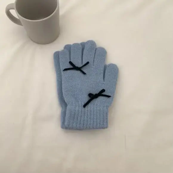 Beanie Hat Gloves Set Bow Detail - Light Blue - 2 Piece