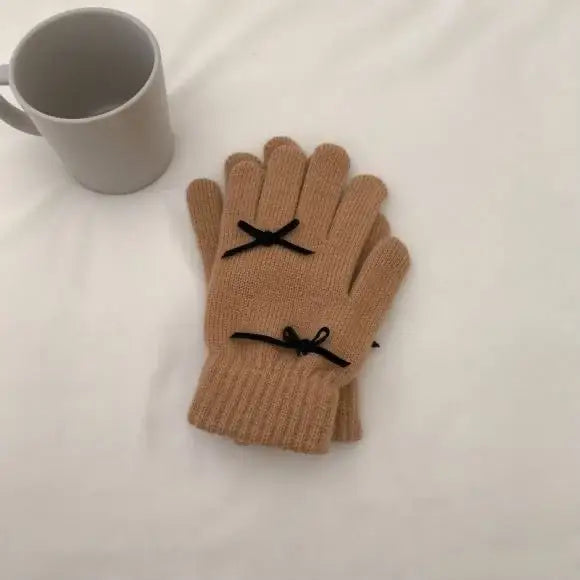 Beanie Hat Gloves Set Bow Detail - Light Brown - 2 Piece