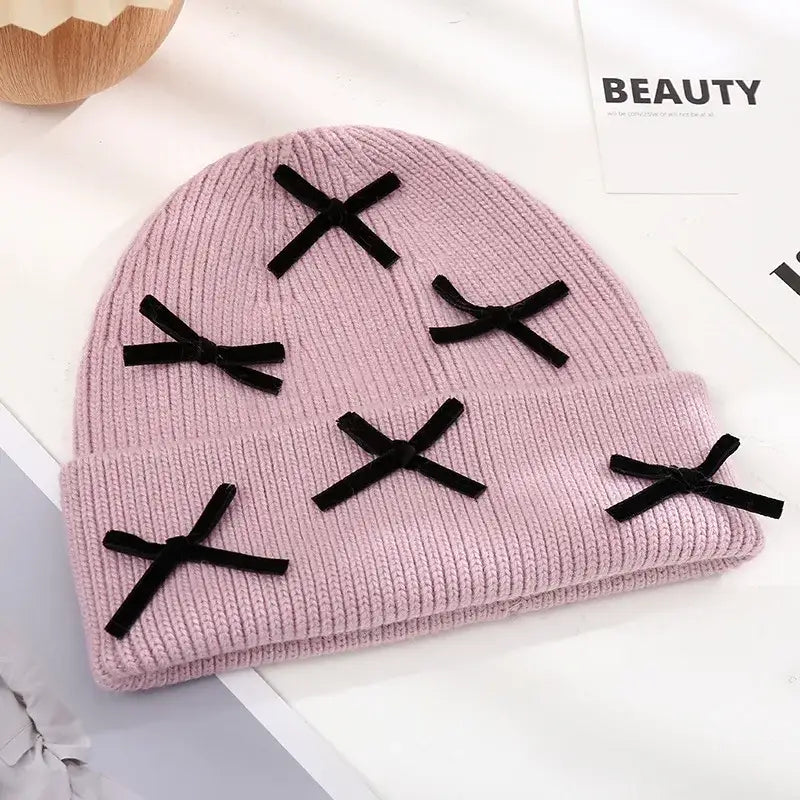 Beanie Hat Gloves Set Bow Detail - Light Pink - 2 Piece