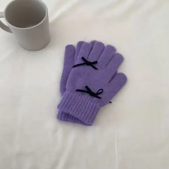 Beanie Hat Gloves Set Bow Detail - Light Purple - 2 Piece