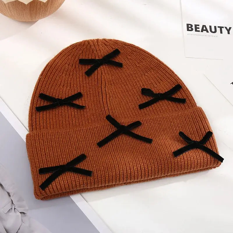 Beanie Hat Gloves Set Bow Detail - Orange - 2 Piece