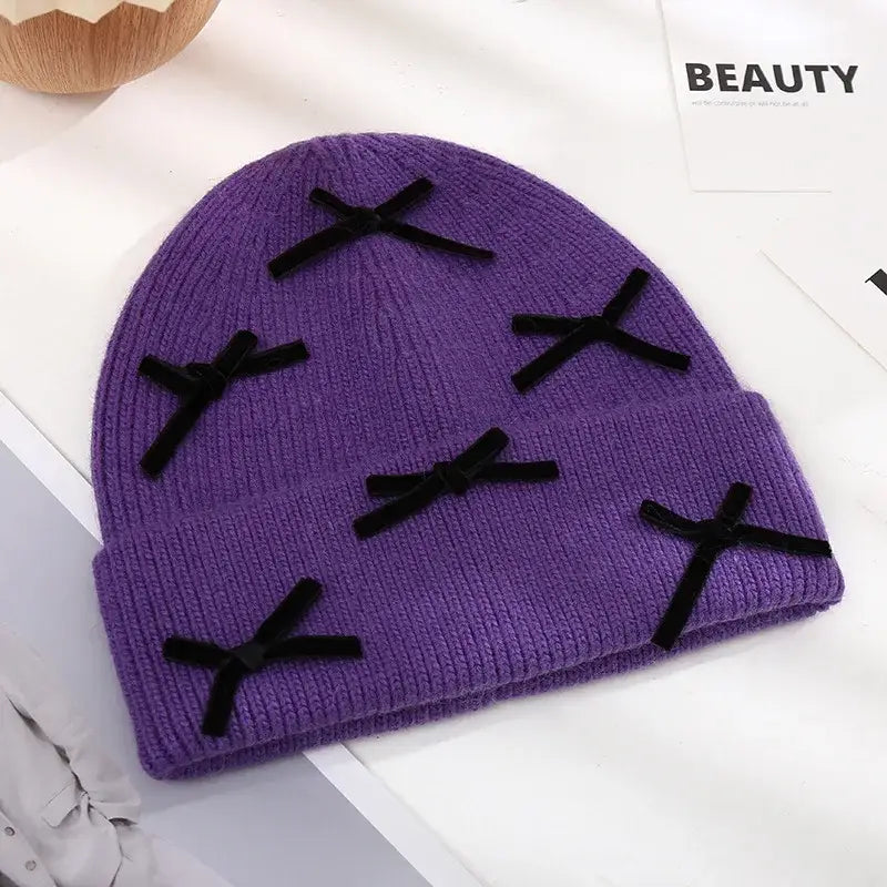 Beanie Hat Gloves Set Bow Detail - Purple - 2 Piece