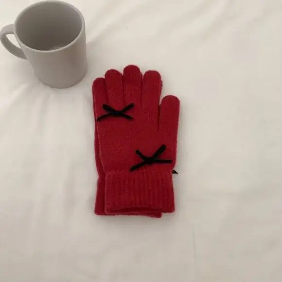 Beanie Hat Gloves Set Bow Detail - Red - 2 Piece