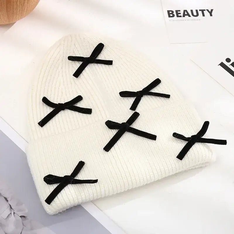 Beanie Hat Gloves Set Bow Detail - White - 2 Piece