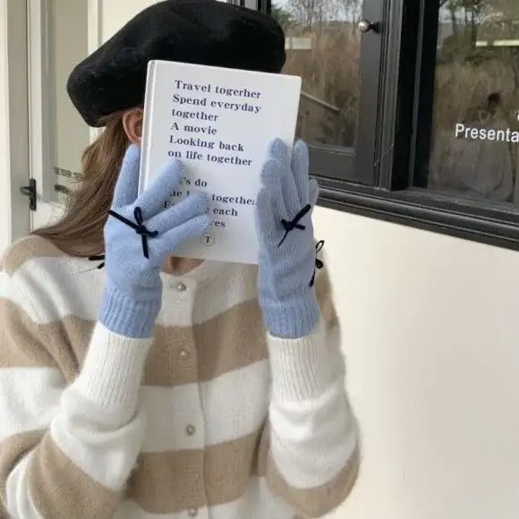 Beanie Hat Gloves Set with Bow Detail