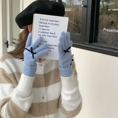 Beanie Hat Gloves Set with Bow Detail