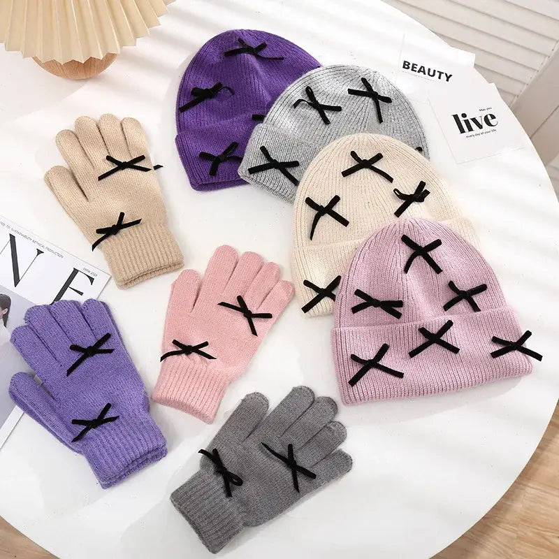 Beanie Hat Gloves Set with Bow Detail