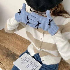 Beanie Hat Gloves Set with Bow Detail