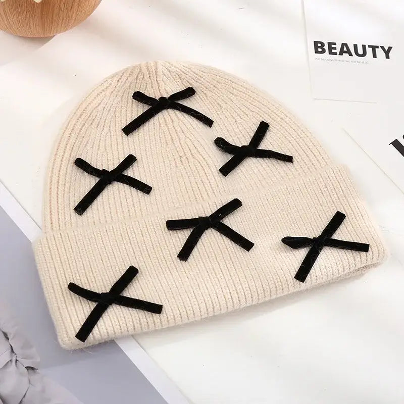 Beanie Hat Gloves Set with Bow Detail Beige