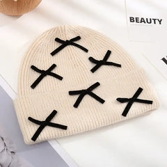 Beanie Hat Gloves Set with Bow Detail Beige