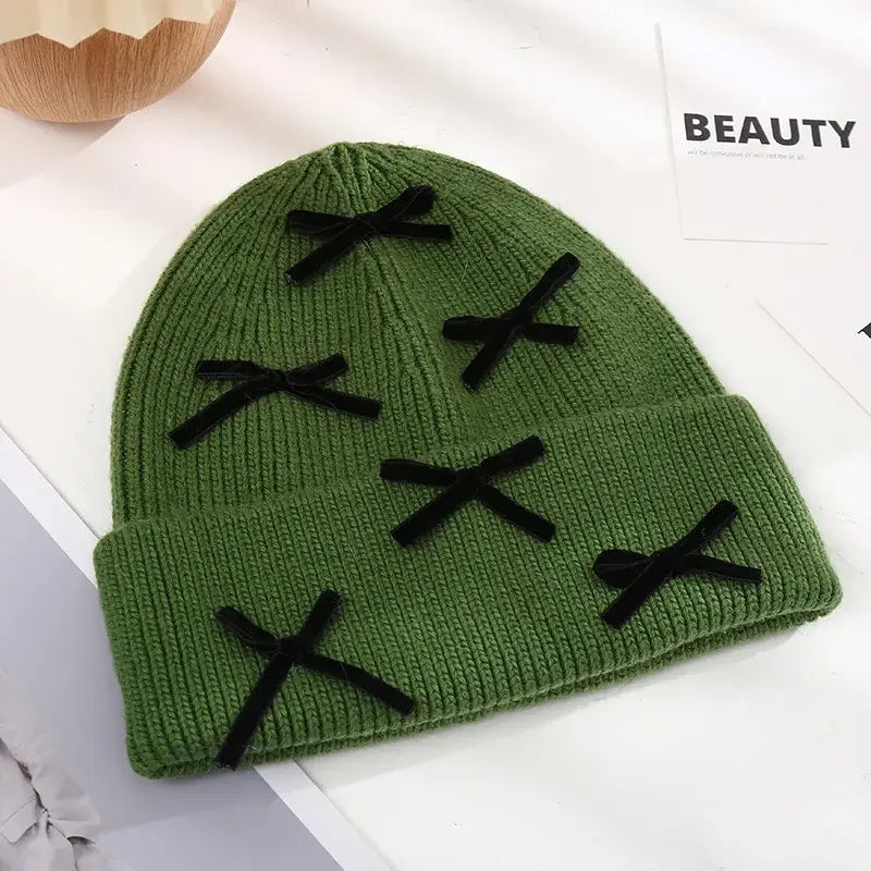 Beanie Hat Gloves Set with Bow Detail Dark Green