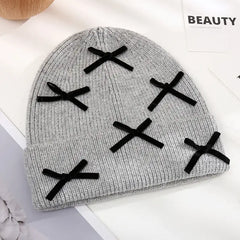 Beanie Hat Gloves Set with Bow Detail Gray