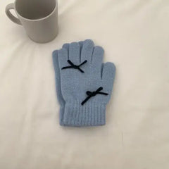 Beanie Hat Gloves Set with Bow Detail Light Blue