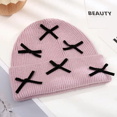 Beanie Hat Gloves Set with Bow Detail Light Pink