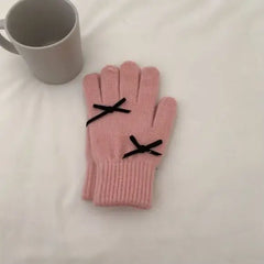 Beanie Hat Gloves Set with Bow Detail Light Pink