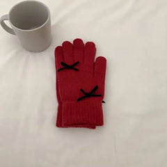 Beanie Hat Gloves Set with Bow Detail Red