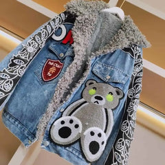 Bear and Flower Patches Denim Jacket